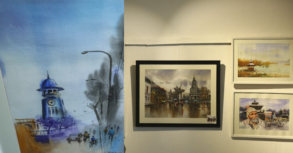 आर्ट काउन्सिलभित्र वाटरकलरमा काठमाडौं